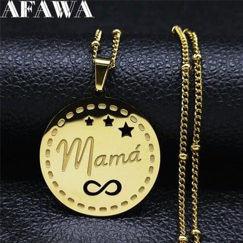 Stainless Steel Spanish Mama Chain Necklaces Women Gold Color Round Charm Necklaces Jewelry collier lettre MAMA Gift N2264S01