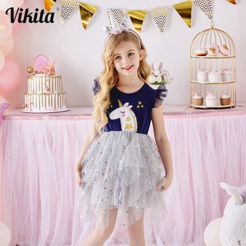 VIKITA Girls Dress Unicorn Birthday Party Tutu Dress for Girls Clothing Summer Princess Licorne Dress Kids Casual Vestidos
