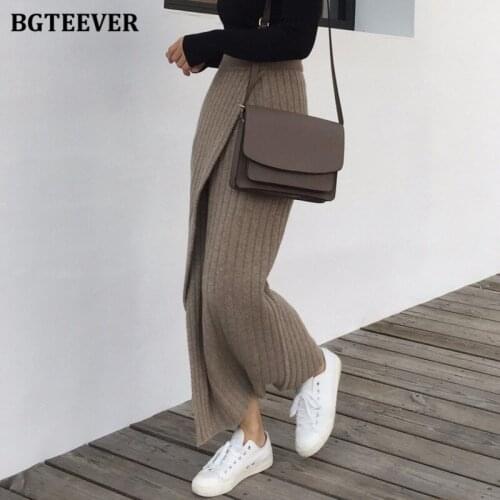 BGTEEVER Casual Elastic High Waist Women Thick Knitted Skirt Female Warm Loose Split Midi Skirts 2020 Winter