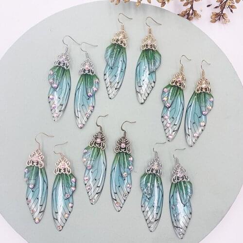 1 Pair Hot Neon Color Rhinestone Cicada Wings Earrings Trendy New Butterfly Gradient Pink Blue Purple Sequins Long Drop Earrings