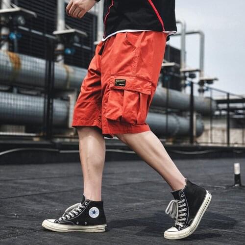 Summer Casual Cargo Shorts Men Cotton Solid Ribbons Pockets Streetwear Mens Shorts Knee Length Homme Cargo Shorts