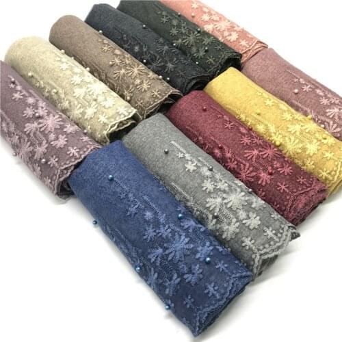 High Quality Lace Floral Edges Muslim Scarf With Pearl Decor Plain Women Hijabs Long Shawl Wrap Islam Turban Headscarf 190x80cm