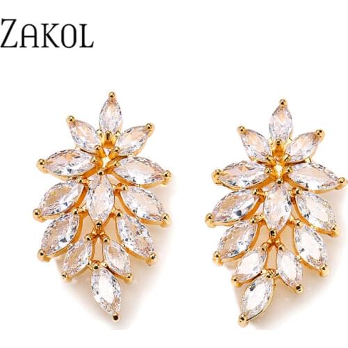 ZAKOL Fashion AAA Cubic Zircon Flower Shape Stud Earrings for Women Popular Leaf Bridal Wedding Party Dress Jewelry Gift