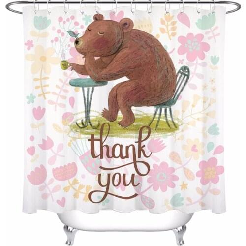 Cute Cartoon Bear And Small Bird Shower Curtain Animal Flower Bathroom White Waterproof Polyester Fabric for Kids Bathtub Decor