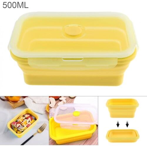Yellow 500ML Portable Rectangle Silicone Scalable Folding Lunchbox Bento Box with Silicone Sealing Plug for - 40~230 Centigrade
