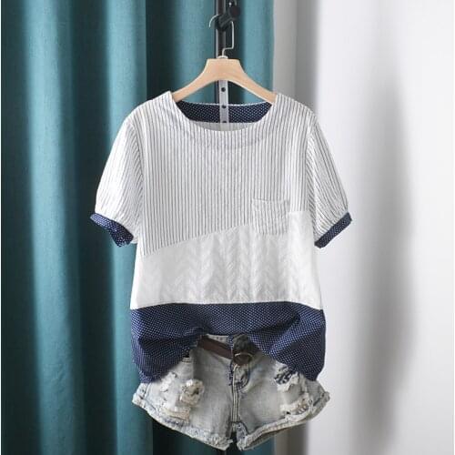 Summer fresh stripe round collar short sleeve shirt cotton and linen shirt female