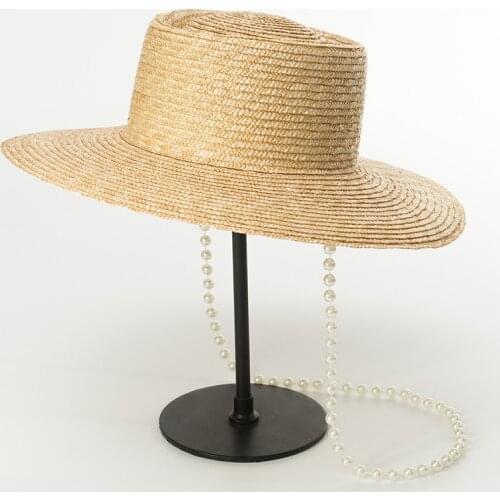 01904-HH7167 pearl chain handmade straw bowknot leisure lady holiday beach sun cap women outdoor hat