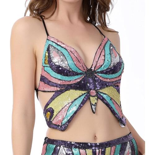 Y2K Sequin Butterfly Halter Top Outift Women Summer Backless V Neck Padded Club Fashion Sexy Crop Tops