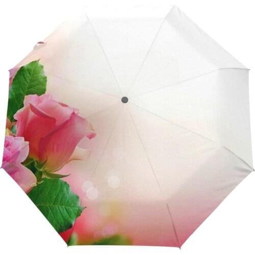 White Background Pink Rose Printed Fully-automatic Rain three Folding Classic Anti-uv Sun/Rain Durable Automatic Umbrella 2018