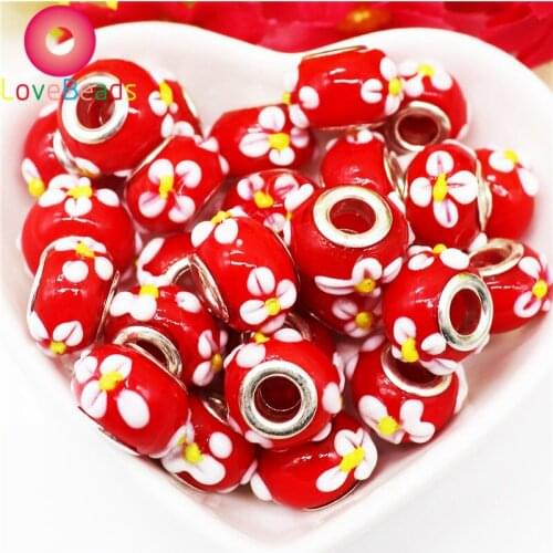 10Pcs Red Color 3D Lily Flower Round Big Hole Glass Spacer Beads Fit Pandora Bracelet Snake Chain Loose Beads for Jewelry Making