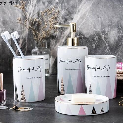 White Bathroom Toiletries Four-piece Ceramic Soap Dispenser Soap Dish Creative Lotion Bottle Toothbrush Cup Bathroom Accessories