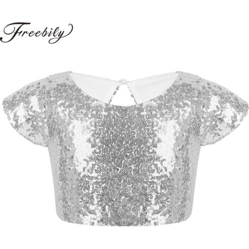 Girls Children Teens Shiny Sequin Dance Crop Top Girls Ballet Dance Costume Ballerina Stage Performance Gym Sports Tank Top