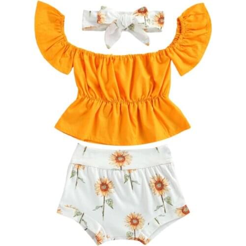 3 Pcs Newborn Summer Outfits 2021, Baby Girl Off Shoulder Solid Color Short Sleeve T-shirt + Flower Shorts + Bowknot Headband