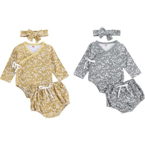 3pcs Infant Boys Girls Clothes Sets Flowers Print Long Sleeve Romper Tops Pants Headband