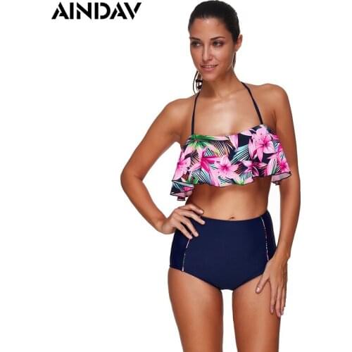 AINDAV Floral Ruffle Falbala Bikini Tops Set Plus Size Bathing Suits Beach Swimsuit Women Swimwear Halter Brazilian Biquinis