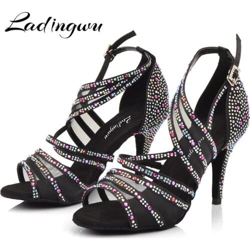 Ladingwu Women Ballroom Latin Dance Shoes Black Red Apricot Brown Rhinestone Salsa Tango Shoes High heel 6/7.5/8.5/9/10cm