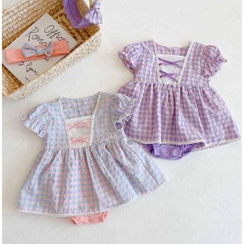 Summer Baby Girls Bodysui Korean Dress Infant Princess Plaid Lace Dresses Toddler Clothes Newbor Bodysui