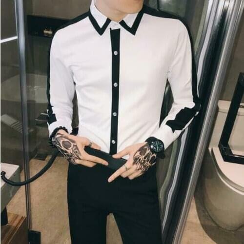 Mens New Fashion Black White Long Sleeve Slim Dress Shirt Youth Party Prom Tops