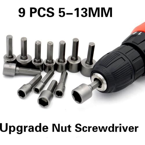 9 Pcs Set 5-13mm Nut Screwdriver Set Hexagon Socket Sleeve Nozzle Wrench Set Powerful Sleeve Drill Pow