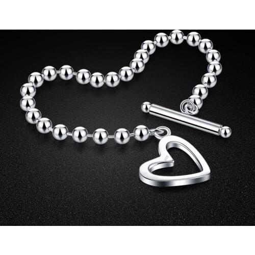 TO button new product hot sale womens 925 sterling silver bracelet original silver heart bead chain girl charm jewelry gift