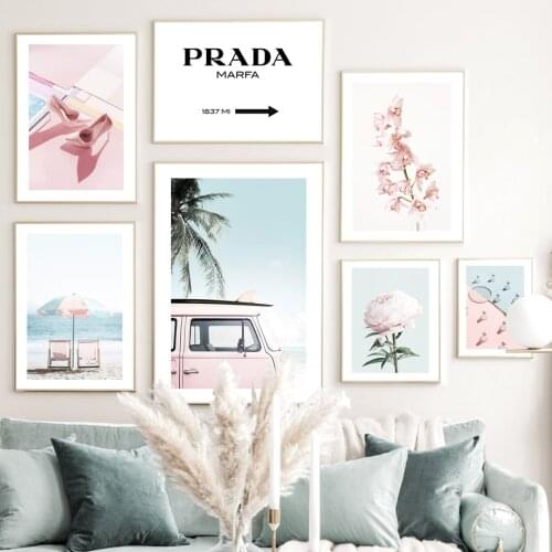 Palm Tree Van Car Parasol Beach Flowers Flamingo Painting Wall Art Prints Canvas Nordic Poster Decor Pictures For Living Room