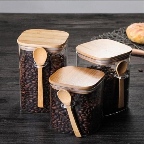 Transparent Sealed Cans Spice Jar with Spoon and Lid Condiment Container Coffee Beans Storage Tank Kitchen Sugar Bottle Tea Box