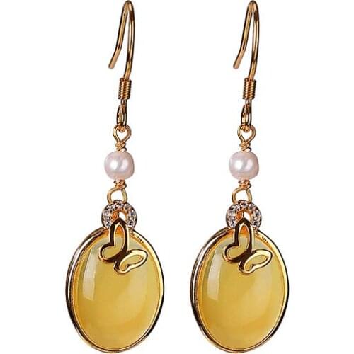 925 sterling silver gold plated natural beeswax pearl earrings personality butterfly earring pendant for ladies ear hooks