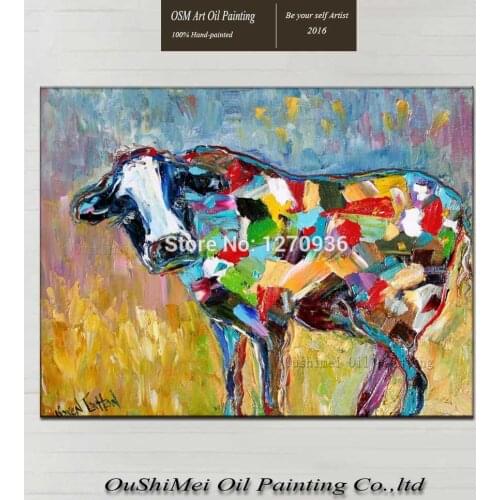 Blue or Orange Background Colorful Abstract Cow Artwork 100% Hand Painted Modern Abstract Wall Knife Oil Painting on Canvas