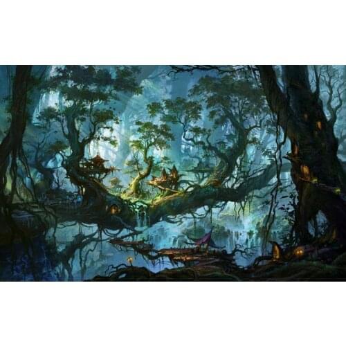 Fantasy art artwork village forest trees waterfall Home Decoration Canvas Poster