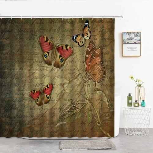 Old Letter Paper And Flowers And Butterflies Shower Curtains European Style Vintage Decor Curtain For Bathroom Bathroom Products