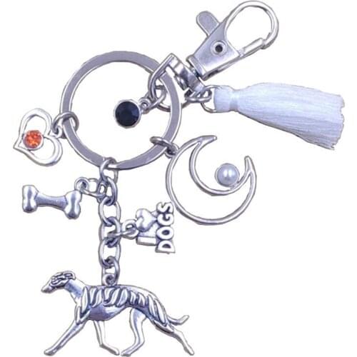 Whippet Dog Animal Moon Style Pendant Keychain Key Ring Pet Tassels Antique Bohemian Women Men Jewelry K064-066