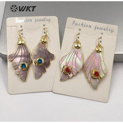 WT-MPE024 natural shell earring wing earring rainbow color shell with multi colors CZ paved woman fashion earring bohe jewelry