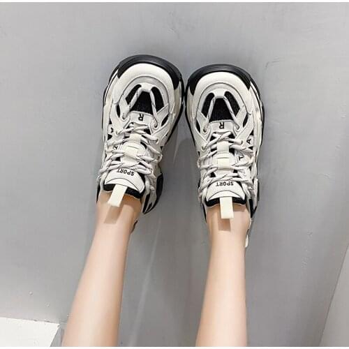 2021 Chunky Sneakers Women Mesh Leather Patchwork Double Lace-Up Platform Sole Casual Ladies Shoes Handmade Women Sneakers Hot