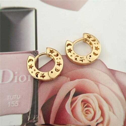 Lovely Cute Gold Color Plating Star Moon Hollow Size Zircon Front Hoop Earrings For Women Girl Gorgeous Pretty Dainty Jewelry