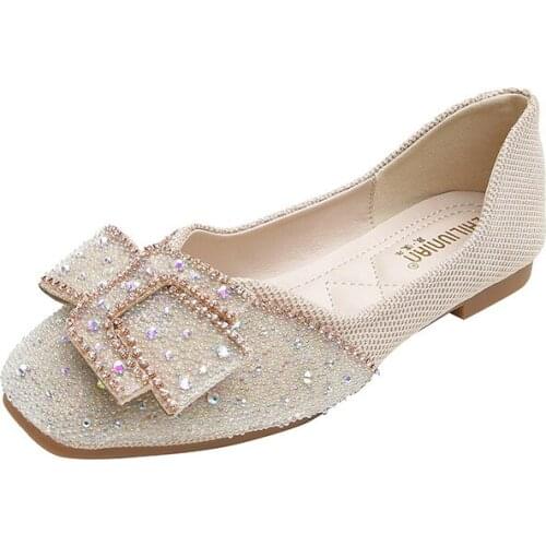 Fashion Brand Designer Luxury Rhinestone Women Flats Female Wedding Party Work Shoes High Quality Square Toe Shallow Flat Shoes