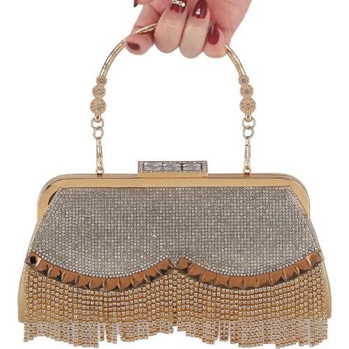 Womens Wedding Purse Clutch Bag Luxury Rhinestone Tassel Handbag Banquet Gold Evening Bag Party Purse Chain Shoulder Bag