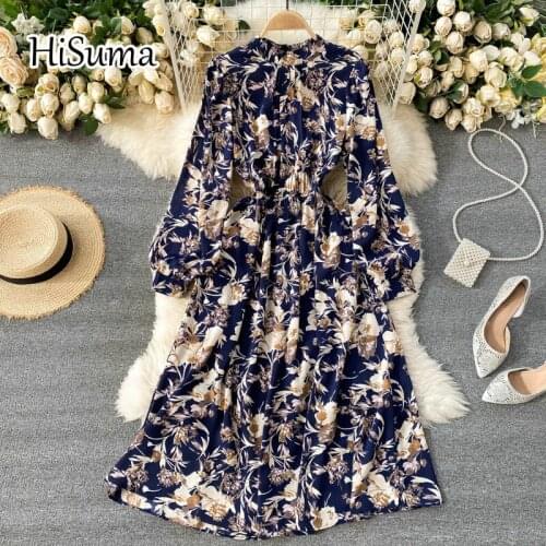 2021 spring new women o-neck lantern sleeve flower print chiffon A-line dress female Chic elegant beach dresses