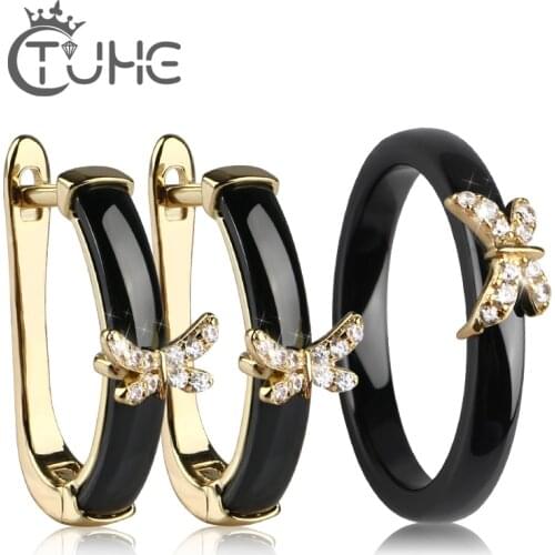 Gold Butterfly Rings and Earrings AAA Rhinestone Healthy Ceramic Jewellery sets Women Mom Gift Jewelry For Wedding Accessories