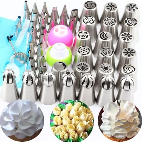 1Pcs Brush 1Pcs Nail 1Pcs Pastry Bag 3Pcs Converter+Russian Pastry Tips 55Pcs Stainless Steel Icing Ball Spherical Piping Nozzle