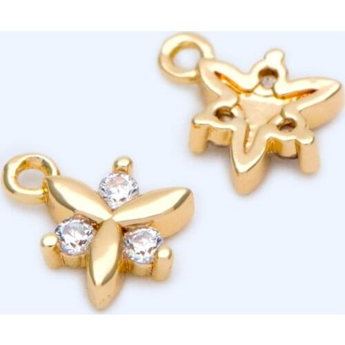 10pcs Gold plated Brass Flower Charms 8x6mm, CZ Paved Mini Clover Pendants (GB-1259)