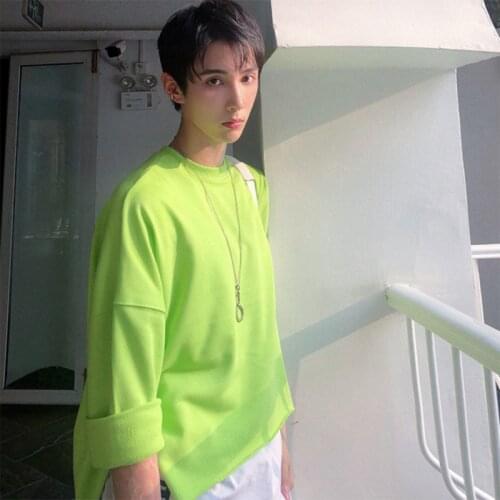 2020 spring and autumn trend new fluorescent green split t-shirt mens loose top color avocado green sweater