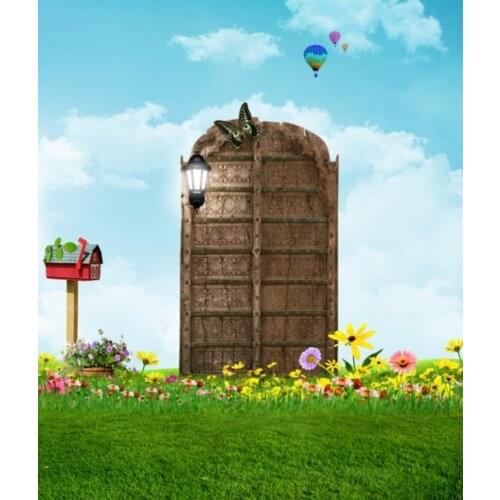 5x7ft Blue Sky Flowers Lawn Butterfly Gate Photography Backdrops Photo Props Studio Background