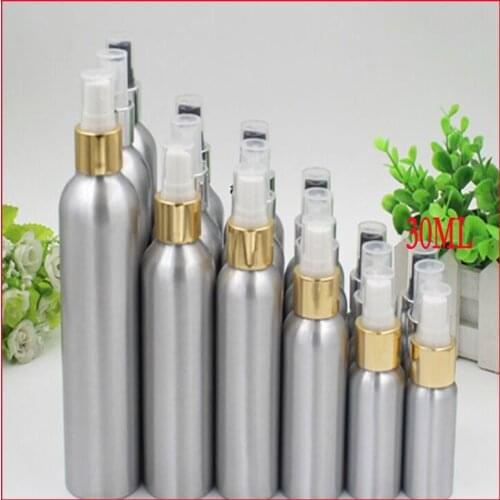 30ml Aluminium bottle pump sprayer bottle w silver/gold shoulder metal bottle Refillable bottle mist sprayer 100pcs/lot