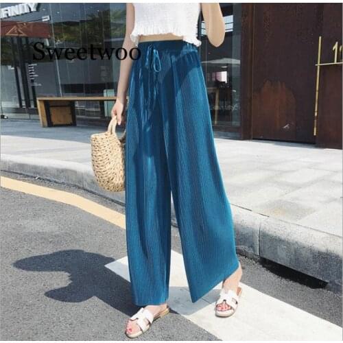 Summer Wide Leg Pants For Women Casual Elastic High Waist 2020 New Fashion Loose Long Pants Pleated Pant Trousers