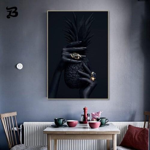 Black Art Canvas Painting Wearing Rings Holding Pineapple Posters and Prints Nordic Wall Art for Living Room Wall Art Home Decor