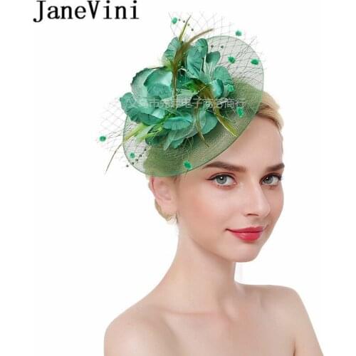 JaneVini Elegant Green Bridal Hat Fascinators Feathers Royal Wedding Hats White Mesh Womens Banquet Tea Party Hairpin Headband