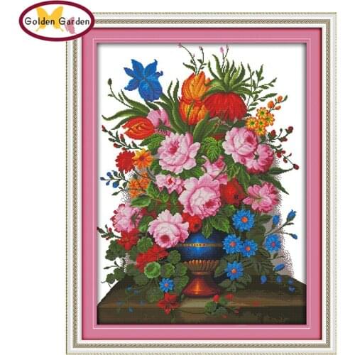 GG Flower Basket Stamped Cross Stitch Patterns DIY Kits Needlework Embroidery Sets Joy Sunday Rose Cross Stitch for Home Decor