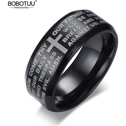 BOBOTUU Neo-Gothic Stainless Steel Mens Religious Rings Jewelry Trendy 8MM English Lord Prayer Ring 3 Colors Optional BR364