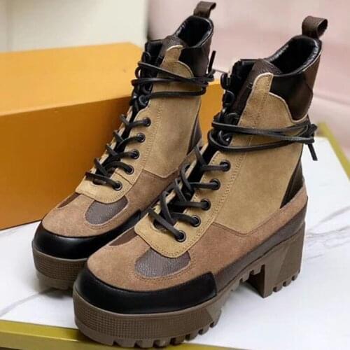 Classic Woman Short Boots Lace Up Boots Winter Warm Platform Shoes Women Square Heels Shoes Fashion Rome Ladies Boots Patchwork