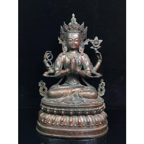 15" Tibet Temple Collection Old Bronze Lacquer Cinnabar Northern Wei Buddha Four arms Guanyin Bodhisattva Enshrine the Buddha